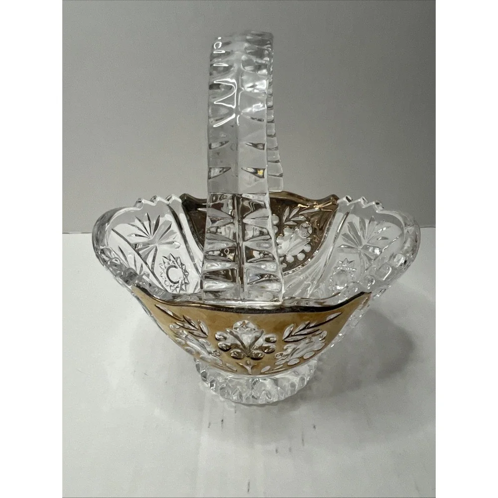 Anna Hutte Bleikristall 24% Lead Crystal Basket Gold & Clear Germany